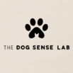 The Dog Sense Lab” logo with a minimalist design: the words are displayed in clean, bold font, with a simple paw print and dog ear silhouette cut out from the base of the text.